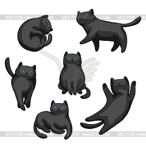 Set of cartoon black cats - vector image