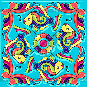 Mexican talavera ceramic tile pattern with fishes - vector clipart