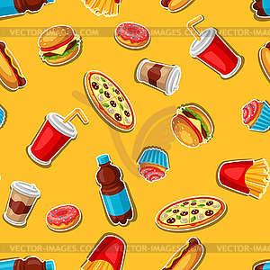 Seamless pattern with fast food meal. Tasty fastfoo - vector clipart