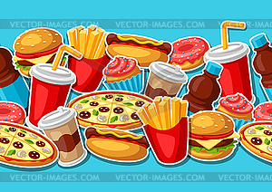 Seamless pattern with fast food meal. Tasty fastfoo - vector clip art