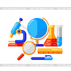 School background with education icons and symbols - color vector clipart