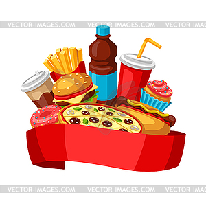 Background with fast food meal. Tasty fastfood lunc - vector clipart