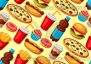 Seamless pattern with fast food meal. Tasty fastfoo - vector image