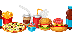 Seamless pattern with fast food meal. Tasty fastfoo - vector clipart