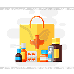Design with medicine bottles and pills - vector image