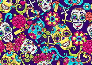 Day of Dead seamless pattern. Sugar skulls with - vector image