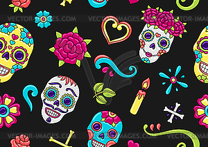 Day of Dead seamless pattern. Sugar skulls with - vector clipart