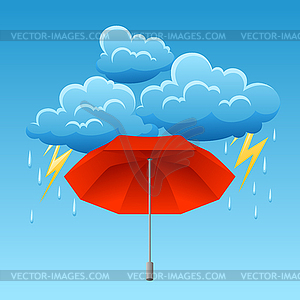 Background with thunderstorm and umbrella - vector image