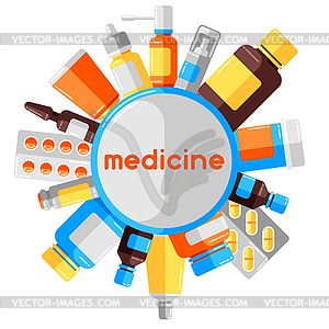 Background with medicine bottles and pills - vector clip art