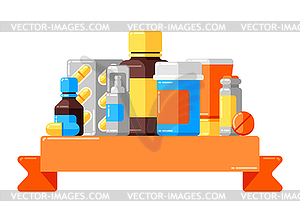 Background with medicine bottles and pills - vector image