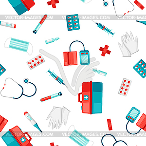 First aid kit equipment seamless pattern - vector clipart