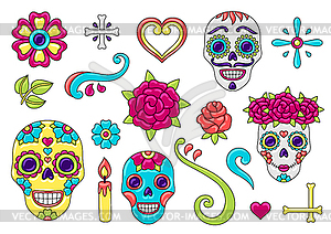 Day of Dead items set. Sugar skulls with floral - vector image