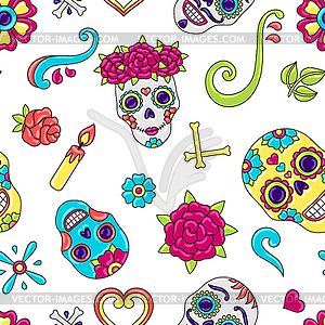 Day of Dead seamless pattern. Sugar skulls with - vector clipart