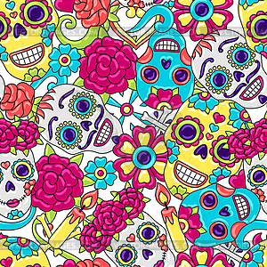 Day of Dead seamless pattern. Sugar skulls with - vector clip art