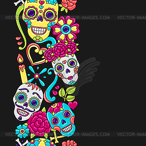 Day of Dead seamless pattern. Sugar skulls with - color vector clipart