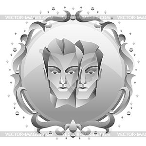 Gemini zodiac sign with silver frame. Horoscope - vector image