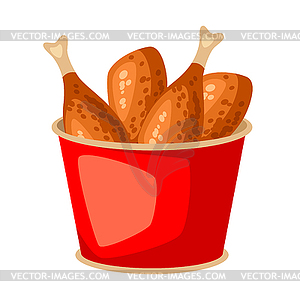 Fried chicken in red bucket. Fast food snack - vector image