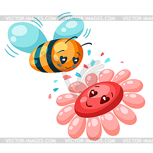 Cute bee and flower in love. Valentine Day - vector clip art