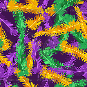 Seamless pattern with feathers in Mardi Gras colors - vector image