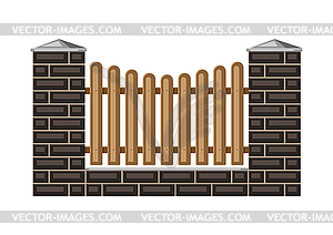 Кирпичный забор с деревянными досками - изображение в векторе