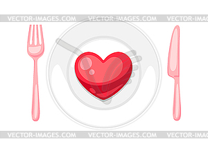 День Святого Валентина сердце на тарелку с вилкой и ножом - изображение в векторном виде