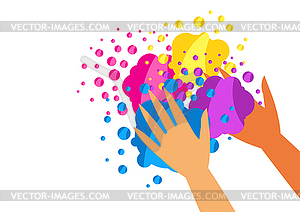 Happy Holi colorful background with hands and paint - vector clipart / vector image