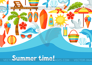 Background with summer and beach objects - vector image