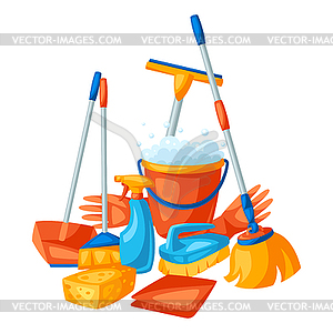 Домашнее хозяйство фон с чистящими средствами - векторное изображение клипарта