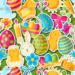 Happy Easter seamless pattern with holiday stickers - vector clipart