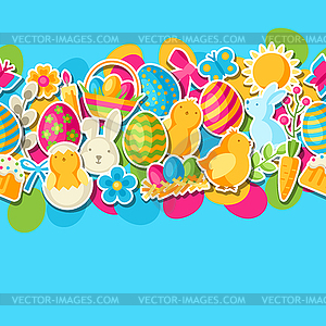 Happy Easter seamless pattern with holiday stickers - vector image