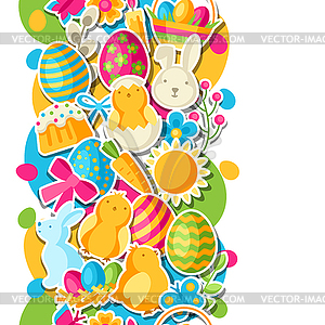 Happy Easter seamless pattern with holiday stickers - vector image