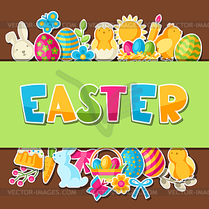 Happy Easter greeting card with holiday stickers - vector clip art