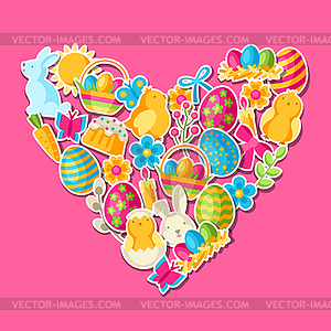 Happy Easter greeting card with holiday stickers - vector image
