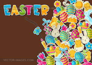 Happy Easter greeting card with holiday stickers - vector clipart