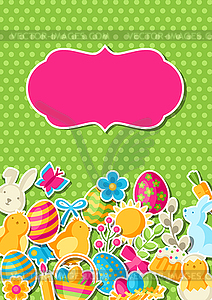 Happy Easter greeting card with holiday stickers - vector clipart