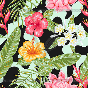 Seamless pattern with tropical flowers and leaves - vector clipart