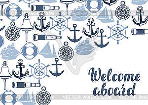 Background with nautical symbols and items - vector image