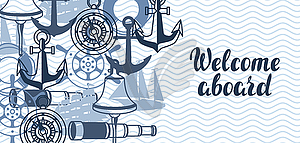 Background with nautical symbols and items - vector image