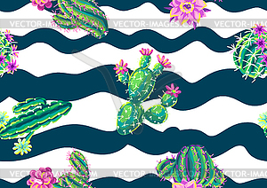 Seamless pattern with cacti and flowers - vector image