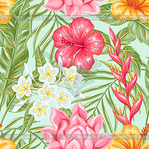 Seamless pattern with tropical flowers and leaves - royalty-free vector image