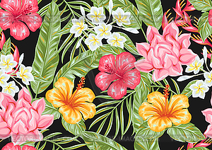 Seamless pattern with tropical flowers and leaves - vector clip art