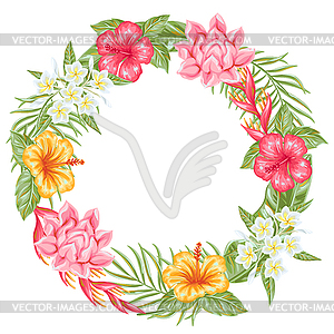 Frame with tropical flowers and leaves - vector image
