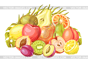 Background with ripe fruits and palm leaves - vector image