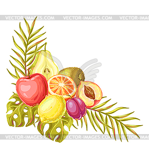 Background with ripe fruits and palm leaves - vector image