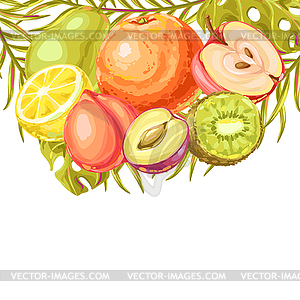 Background with ripe fruits and palm leaves - vector image