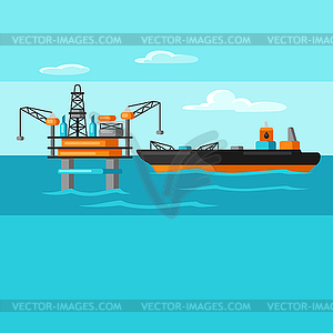 Oil sea platform and tanker - vector clipart