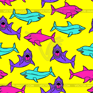 Seamless pattern with cartoon sharks. Urban colorfu - vector clip art