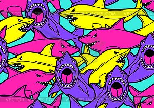 Seamless pattern with cartoon sharks. Urban colorfu - vector clipart