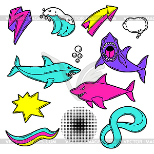 Set of cartoon sharks and decorative elements. Urba - color vector clipart
