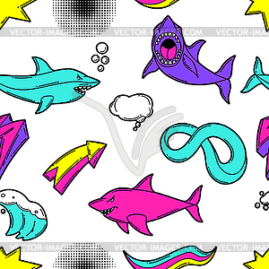 Seamless pattern with cartoon sharks. Urban colorfu - vector clipart / vector image